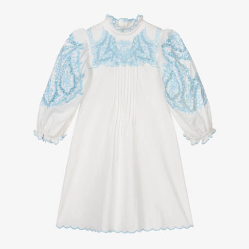 Petite Amalie-Girls White Embroidered Cotton & Linen Dress | Childrensalon Outlet