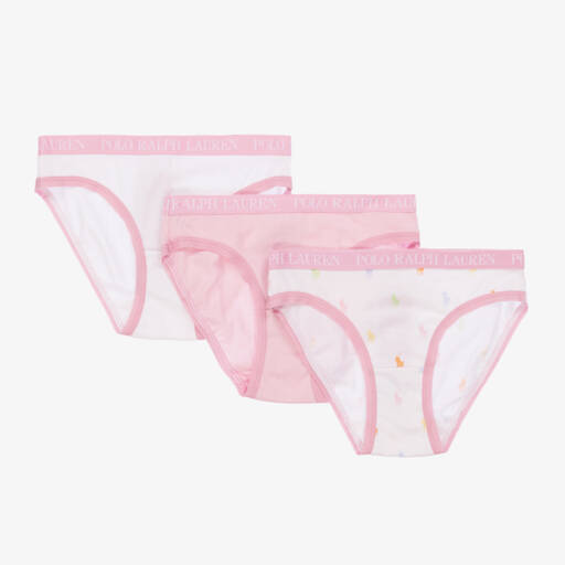 Ralph Lauren-Girls White & Pink Cotton Knickers (3 Pack) | Childrensalon Outlet