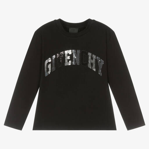 Givenchy-توب قطن جيرسي لون أسود مزين بترتر للبنات | Childrensalon Outlet