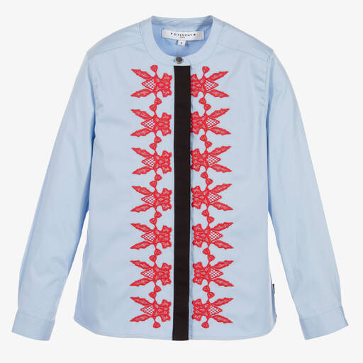 Givenchy-قميص قطن بوبلين مطرز لون أزرق وأحمر للبنات | Childrensalon Outlet