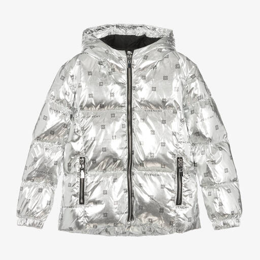 Givenchy-Girls Metallic Silver 4G Down Jacket | Childrensalon Outlet
