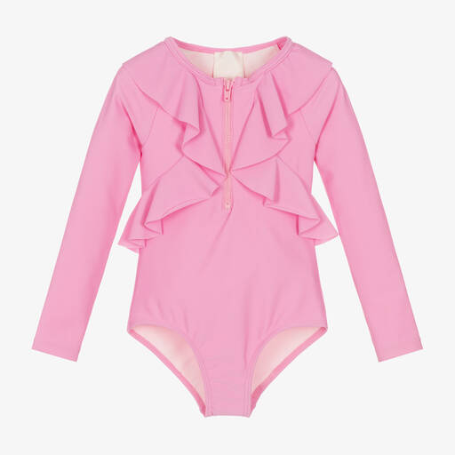 Givenchy-Girls Pink Ruffle Logo Swimsuit | Childrensalon Outlet