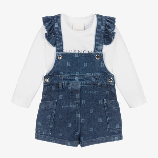 Givenchy-Baumwoll-Latzhosen-Set in Weiß/Blau | Childrensalon Outlet