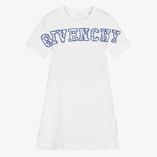 Givenchy-Girls White & Blue Cotton Logo Dress | Childrensalon Outlet