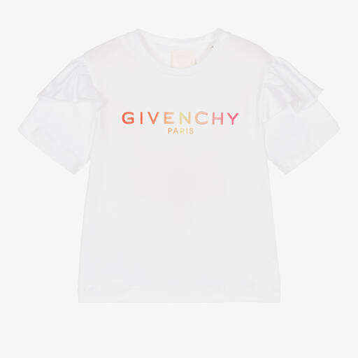 Givenchy-T-shirt blanc en coton brodé fille | Childrensalon Outlet
