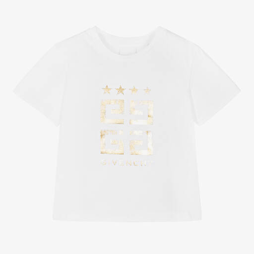 Givenchy-Girls White & Gold Cotton 4G T-Shirt | Childrensalon Outlet