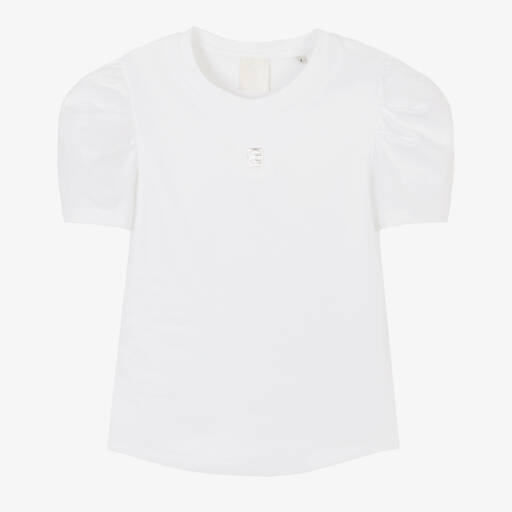 Givenchy-Girls White Logo Puff Sleeve Tee | Childrensalon Outlet