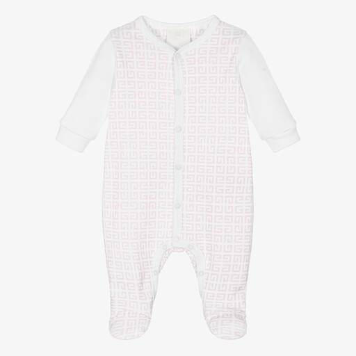 Givenchy-Pink & White 4G Logo Babygrow | Childrensalon Outlet