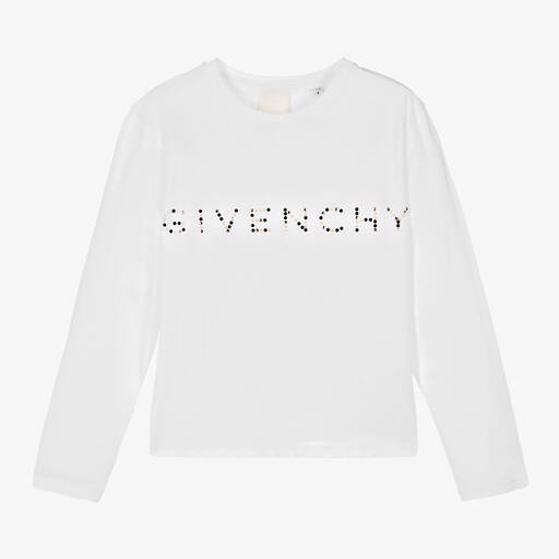 Givenchy-توب تينز بناتي قطن لون أبيض مزين بكريستال سواروفسكي | Childrensalon Outlet