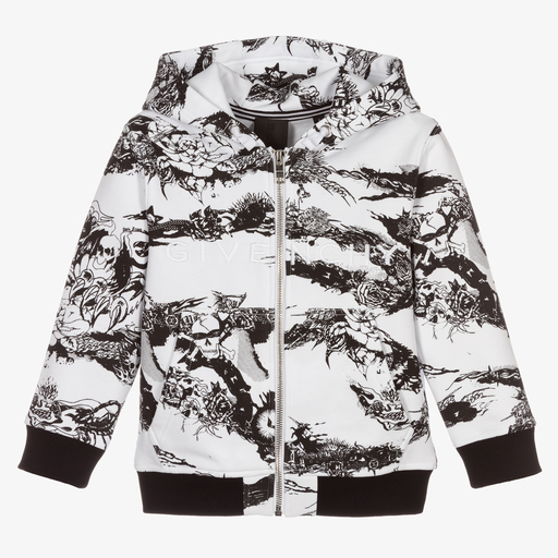 Givenchy-توب هودي بسحّاب قطن لون أبيض وأسود | Childrensalon Outlet
