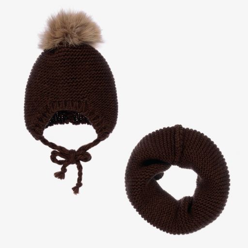 Gorros Navarro-Brown Knitted Hat & Snood Set | Childrensalon Outlet