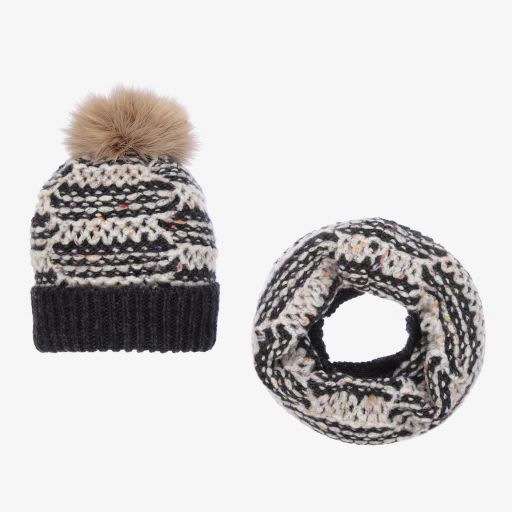 Gorros Navarro-Girls Grey Knitted Hat Set  | Childrensalon Outlet