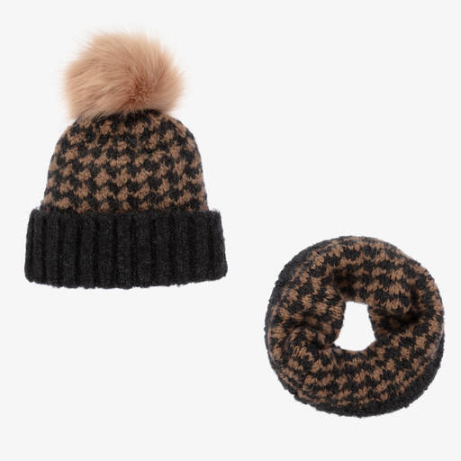 Gorros Navarro-Grey Wool Houndstooth Hat & Snood Set | Childrensalon Outlet