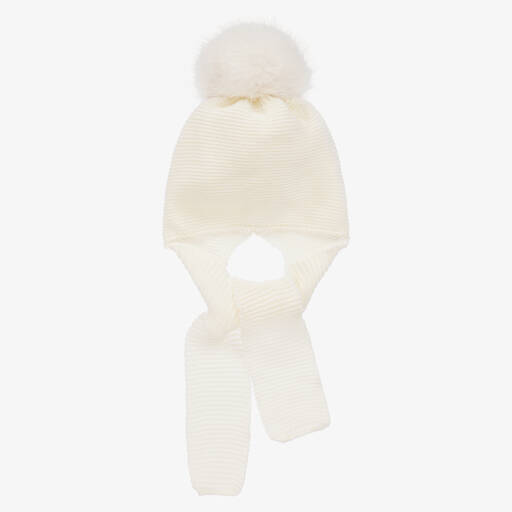 Gorros Navarro-Ivory Knitted Pom-Pom Baby Hat & Scarf | Childrensalon Outlet