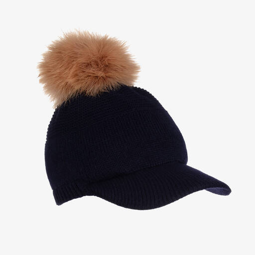 Gorros Navarro-Navy Blue Wool Pom-Pom Cap | Childrensalon Outlet