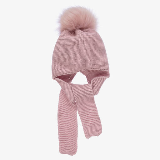 Gorros Navarro-Pink Knitted Pom-Pom Baby Hat & Scarf | Childrensalon Outlet