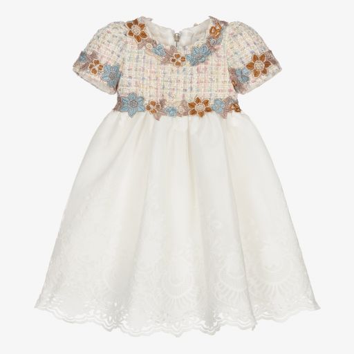 Graci-فستان أطفال بناتي تويد ودانتيل لون بيج وأبيض | Childrensalon Outlet