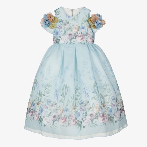 Graci-Blue Printed Floral Off Shoulder Dress  | Childrensalon Outlet