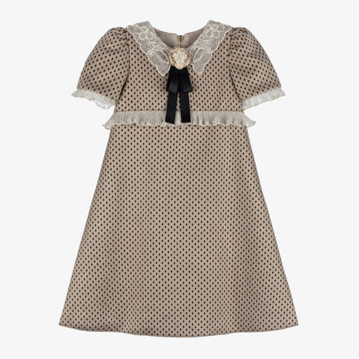 Graci-Girls Beige Collar Dress with Embroidery | Childrensalon Outlet