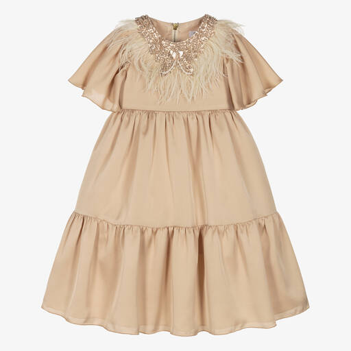 Graci-Girls Gold Feather Satin Dress | Childrensalon Outlet