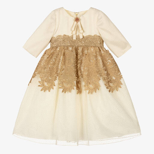 Graci-Кремовое платье с золотистым кружевом | Childrensalon Outlet