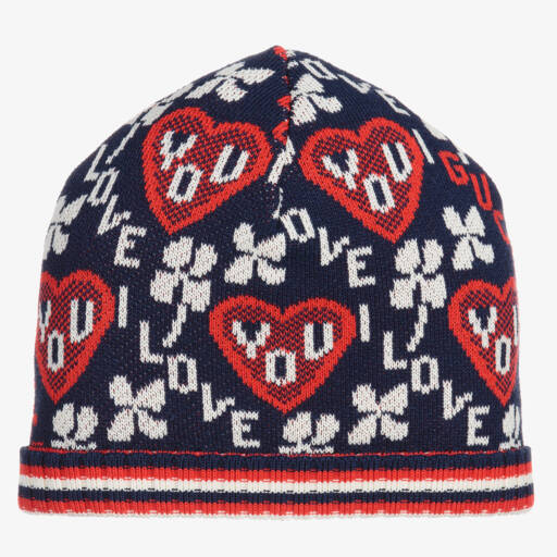 Gucci-Baby Girls Blue & Red Heart Knitted Hat | Childrensalon Outlet