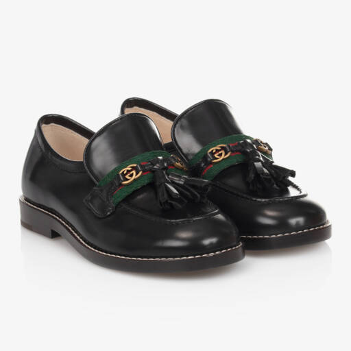 Gucci-Black Leather Loafer Shoes With Green & Red Striped Web  | Childrensalon Outlet