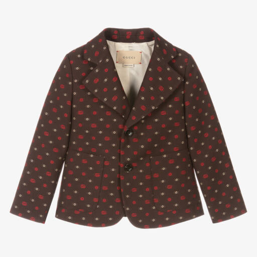 Gucci-جاكيت بليزر بشعار‘GG‘ مزيج صوف وقطن جاكارد لون بني للأولاد | Childrensalon Outlet