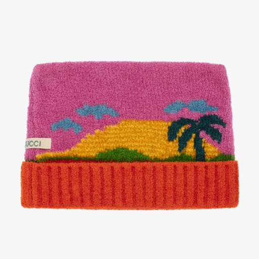 Gucci-Розовая шенилловая шапка с закатом | Childrensalon Outlet