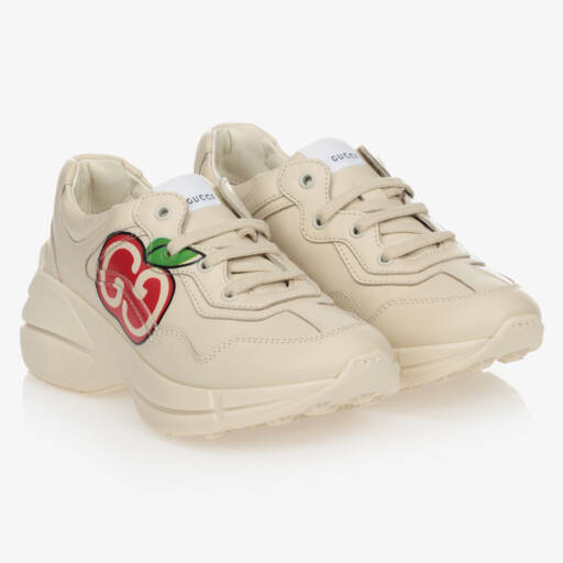 Gucci-Ivory Leather & Red Apple GG Logo Trainers | Childrensalon Outlet