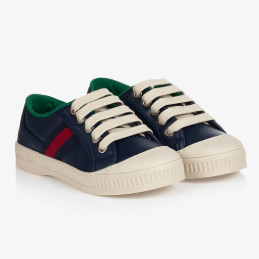 Gucci-Navy Blue Leather Trainers With Web Trim | Childrensalon Outlet