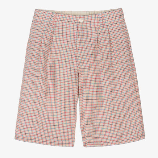 Gucci-شورت تينز ولادي كتان كاروهات لون بيج وأحمر وأزرق | Childrensalon Outlet