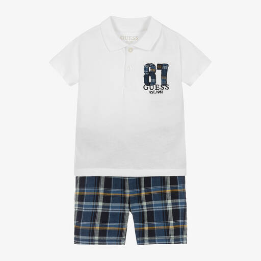 Guess-طقم شورت قطن لون أبيض وأزرق للمواليد | Childrensalon Outlet