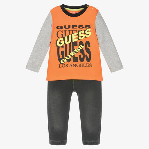 Guess-طقم بنطلون قطن لون برتقالي ورمادي للمواليد | Childrensalon Outlet
