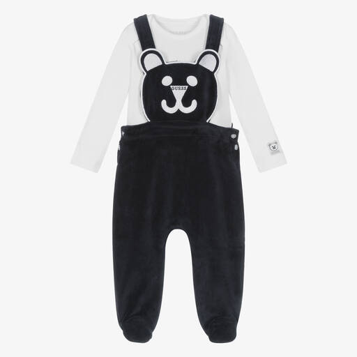 Guess-Baby Boys White & Navy Blue Dungarees Set | Childrensalon Outlet