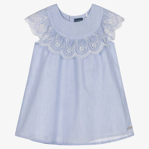 Guess-Baby Girls Blue Striped Cotton Dress  | Childrensalon Outlet