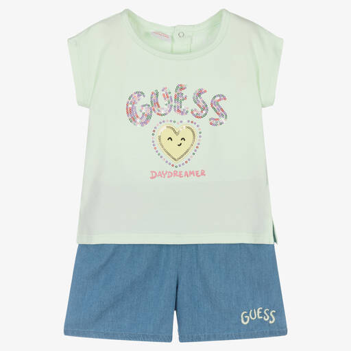 Guess-Baby Girls Green Top & Blue Chambray Shorts Set | Childrensalon Outlet