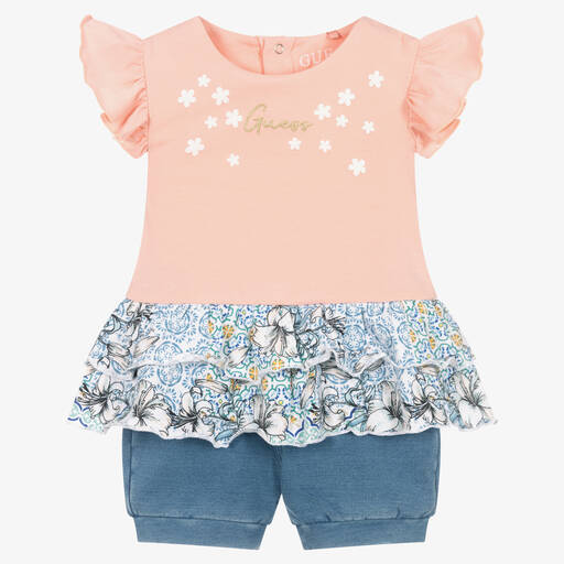 Guess-طقم شورت قطن جيرسي لون زهري وأزرق للمولودات | Childrensalon Outlet