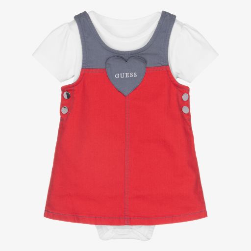 Guess-طقم فستان أطفال بناتي قطن دنيم لون أحمر وأبيض | Childrensalon Outlet