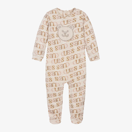 Guess-Бежевый хлопковый комбинезон с мишкой и логотипами | Childrensalon Outlet