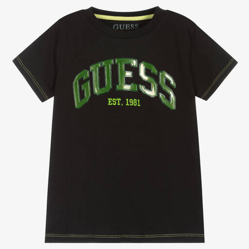 Guess-Boys Black Cotton Logo T-Shirt | Childrensalon Outlet