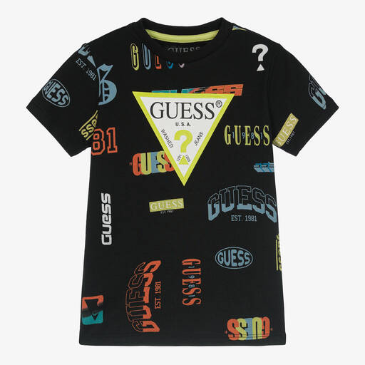 Guess-Boys Black Cotton Printed T-Shirt | Childrensalon Outlet