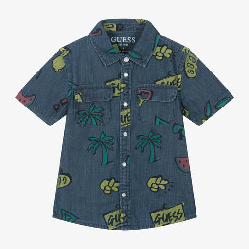 Guess-قميص قطن شامبري لون أزرق للأولاد | Childrensalon Outlet