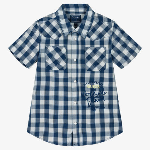 Guess-Boys Blue Check Cotton Shirt | Childrensalon Outlet