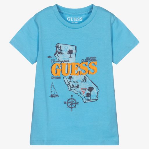 Guess-Boys Blue Cotton Logo T-Shirt | Childrensalon Outlet
