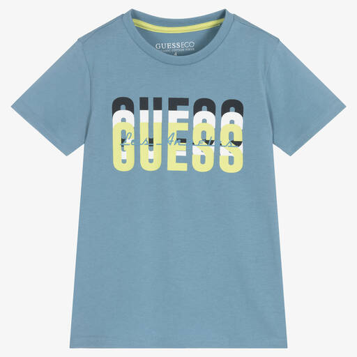 Guess-Boys Blue Cotton Logo T-Shirt | Childrensalon Outlet