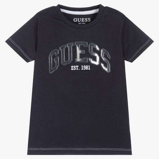 Guess-Boys Blue Logo Cotton Logo T-Shirt | Childrensalon Outlet