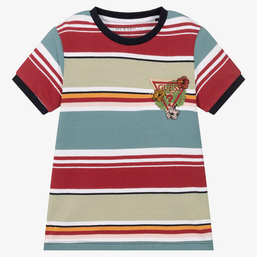 Guess-Boys Blue Stripe Cotton Logo T-Shirt | Childrensalon Outlet