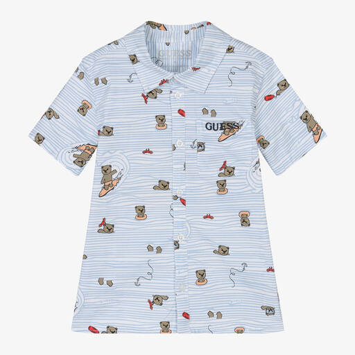 Guess-قميص بطبعة بير قطن لون أزرق وأبيض للأولاد | Childrensalon Outlet