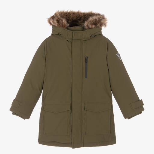 Guess-معطف باركا لون أخضر كاكي مبطن بريش للأولاد | Childrensalon Outlet